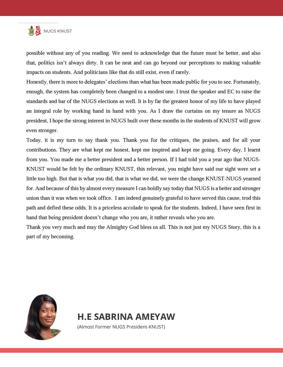 AmeyawSabrina's tweet photo. Dear KNUST, happy to share my story with you. This experience for me was an intriguing one🤩. 
Thank you for the opportunity to serve you 🥳🙏🙇‍♂️. https://t.co/9xsUioa4Fg