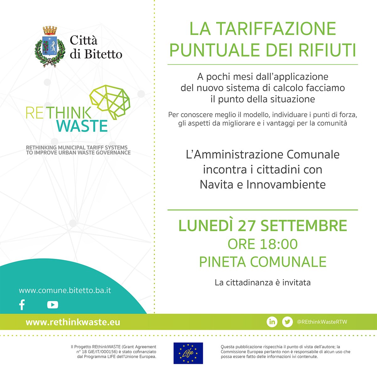 REthinkWasteRTW's tweet photo. ♻️Oggi alle ore 18 il Comune di #Bitetto incontrerà i suoi cittadini per fare il punto della situazione sul nuovo modello di #tariffazione puntuale dei #rifiuti.
Sarà l'occasione per discutere dei punti di forza del progetto e degli aspetti da migliorare.
Qui il programma ⬇️ https://t.co/kdC5XRwCHx