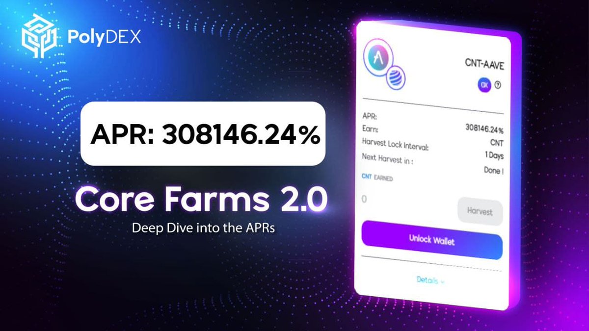 📈Get the highest APR's, currently available on @PolyDEX_ with the strongest pairings! 

PolyDEX offers two types of farms, Core Farms and Multi Reward Farms.🎯

👉 Check it out, see here: app.polydex.org/farmsv2

Stay tuned! 💭

$CNT #PolyDEX #DeFi
