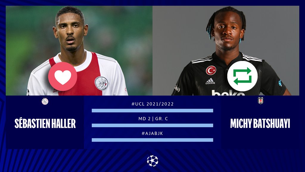 #UCL Countdown! ⏳⚽️🔥

❤️ = <a href="/HallerSeb/">Sébastien Haller</a> 🇨🇮
🔁 = <a href="/mbatshuayi/">Michy Batshuayi</a> 🇧🇪

#AJABJK | #AJABES | <a href="/AFCAjax/">AFC Ajax</a> | <a href="/Besiktas/">Beşiktaş JK</a>