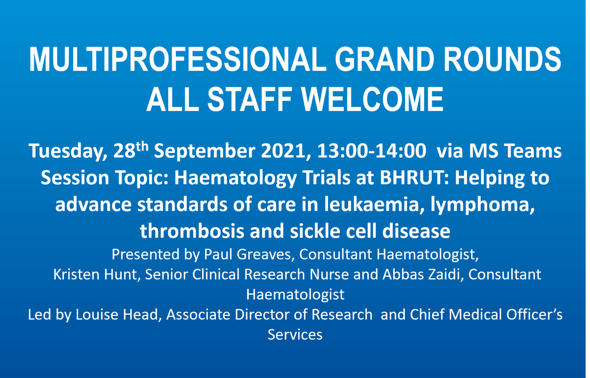 BHRUT_Research's tweet photo. The #research team @BHRUT_NHS are delighted to be presenting at the inaugural Multiprofessional Grand Round tomorrow in collaboration with our colleagues in @BHRUTMedEd 
Links to the virtual session can be found on the trust intranet https://t.co/q1UvO3OXp7