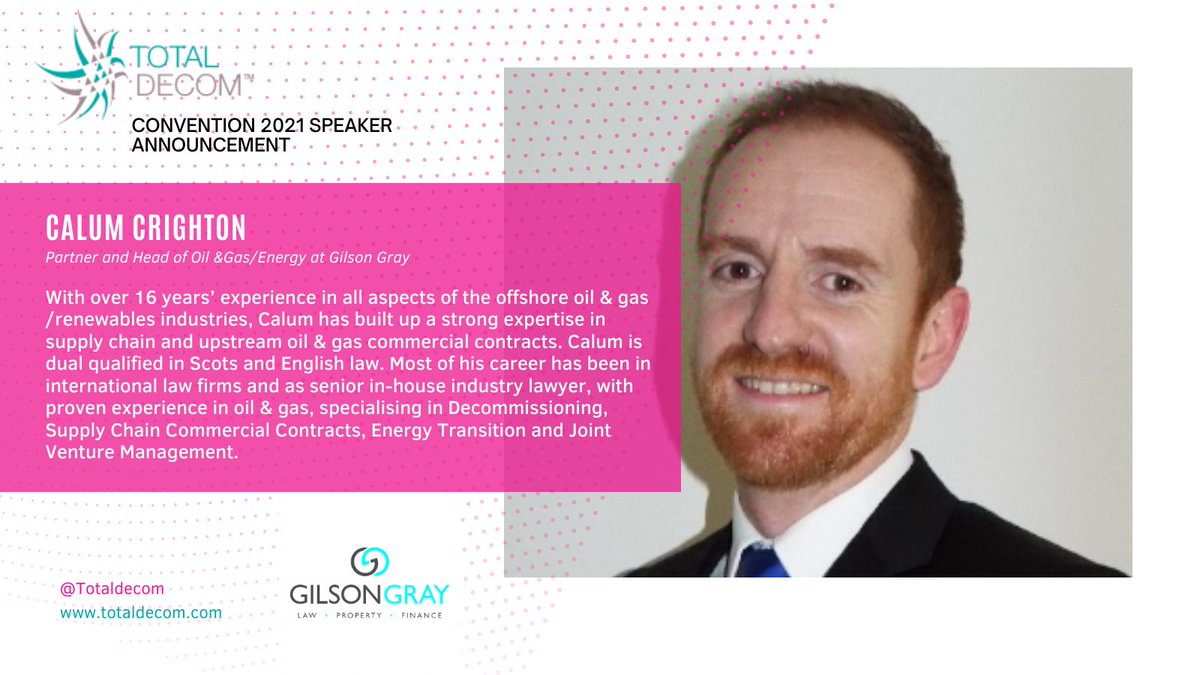 Calum Crighton, Partner at <a href="/GilsonGray/">Gilson Gray LLP</a> will be speaking at our 2021 convention on the subject of ‘Offshore decommissioning in the North Sea – new entrants versus the veterans’

Find out more about Calum here totaldecom.com/convention-202… 

#offshore #northsea #decommissioning
