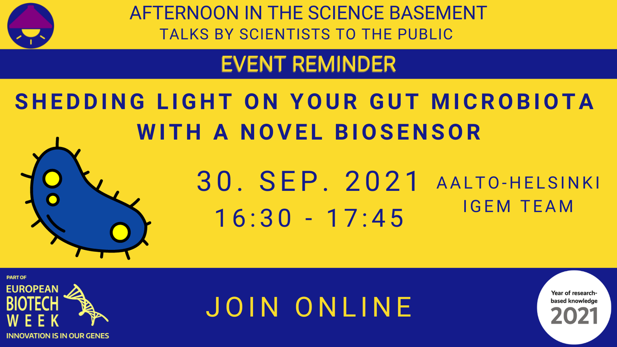 Join us on this Thursday 30th of September at 16:30 for an Afternoon in The Science Basement with @aaltohelsinki_igem ! 
⠀⠀⠀
 buff.ly/3EyiDnd⠀
⠀⠀⠀⠀⠀⠀
 #tsb  #tttv21  #biotechweek #EBW2021