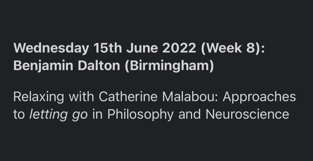 Excited to be on the 2021-22 programme for the Warwick Seminar for Interdisciplinary French Studies with my paper “Relaxing with Catherine Malabou: Approaches to letting go in philosophy and neuroscience” 💆‍♂️🧠 @FrenchatWarwick @warwickuni - full abstract: warwick.ac.uk/fac/arts/moder…