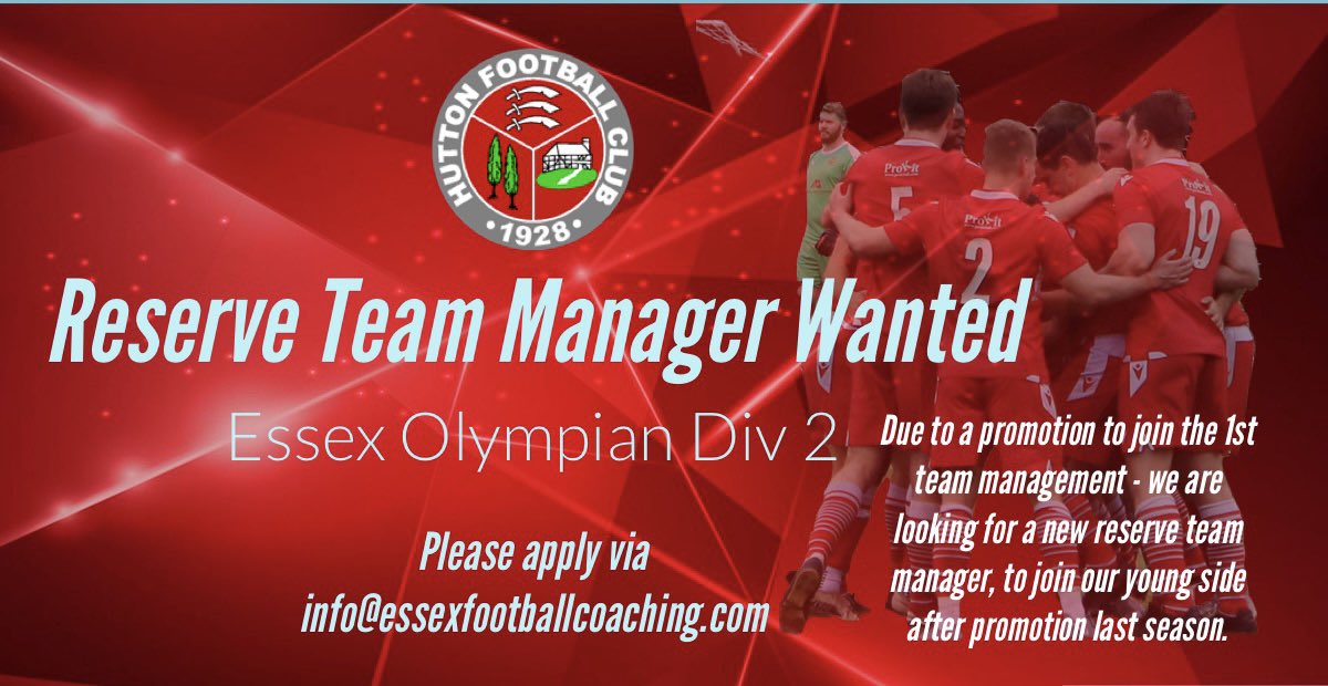 After promotion last season, our reserves are in need of a new manager due to the current manager joining the 1st team set up. For any questions or to apply, use the email below. <a href="/eofl/">eofl</a> <a href="/EssexCountyFA/">Essex County FA</a> <a href="/EssexCoaches/">Essex Coaches</a> <a href="/essexfootie/">'DW'</a> <a href="/ScottMHC14/">Scott W</a>