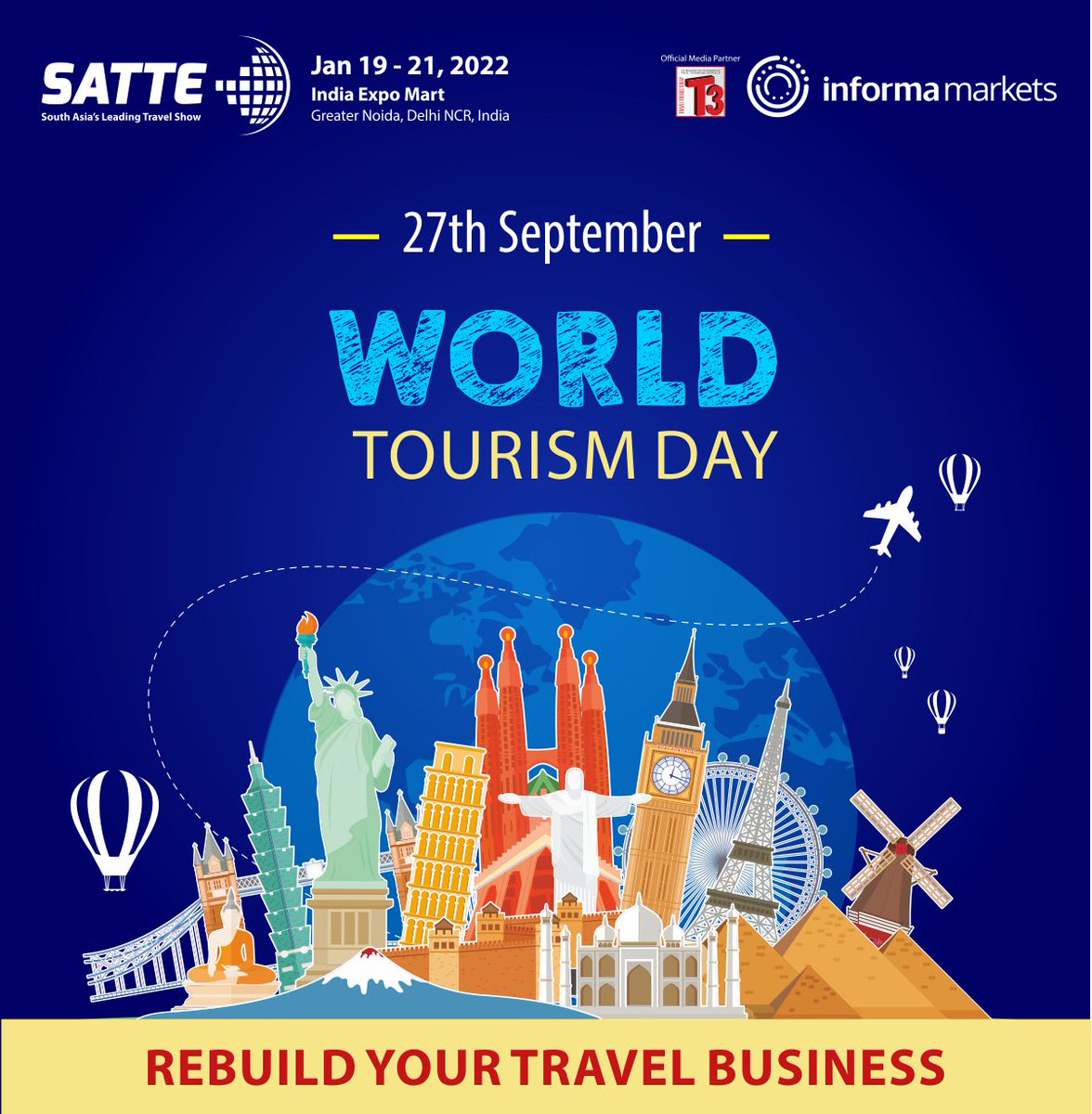 SATTE_India's tweet photo. Happy World Tourism Day!
#SATTE #travel #tourism #InformaAllSecure #YourSafetyOurPriority #SATTE2021 #satte2022 #WorldTourismDay #WorldTourismDay2021 https://t.co/Bpb5JV5m8R