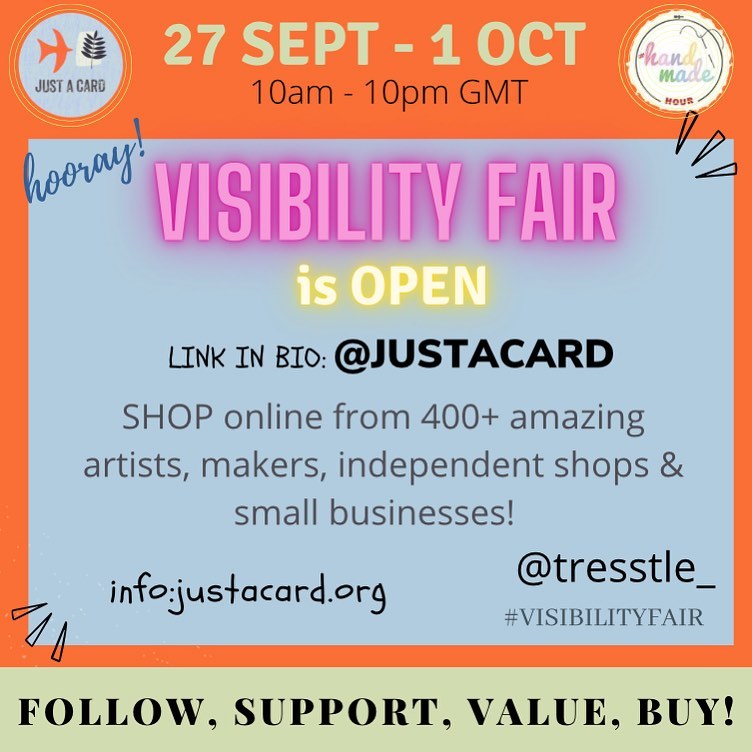 Justacard1's tweet photo. Visibility Fair’s virtual gates are well and truly OPEN &amp; remain open until 10pm on 1st October which is  World Handmade Day! We very much see this as a small business team effort so please help us to spread the word!
Many thanks for your amazeballs support!
#visibilityfair https://t.co/gbNDShkIA8