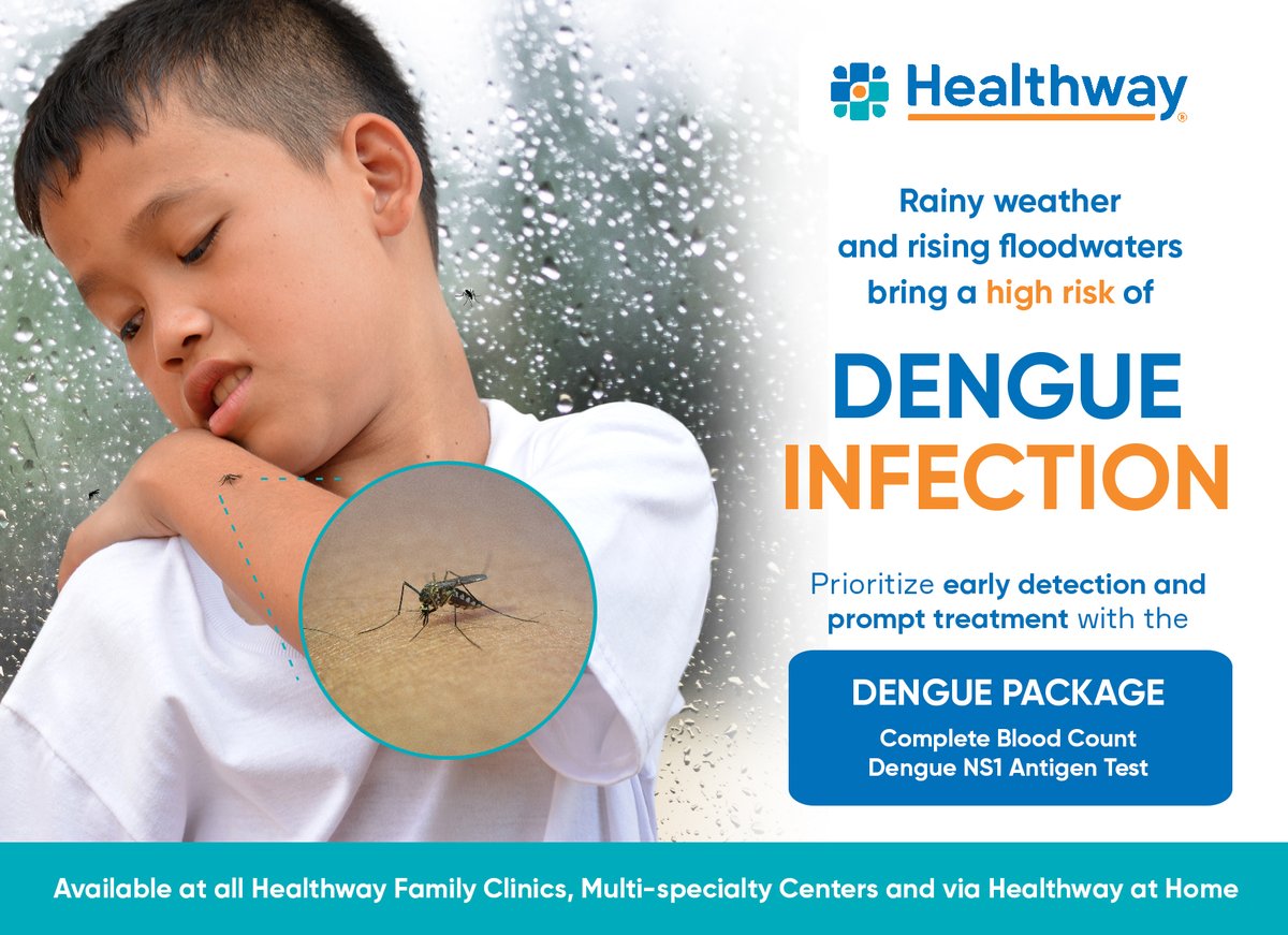 HealthwayPH's tweet photo. Rainy weather and rising floodwaters bring a high risk of dengue infection. Prioritize early detection and prompt treatment against #dengue with the Dengue Package, available at all Healthway Family Clinics, Multi-Specialty Centers, and via Home Service. https://t.co/hfKcq53ea8