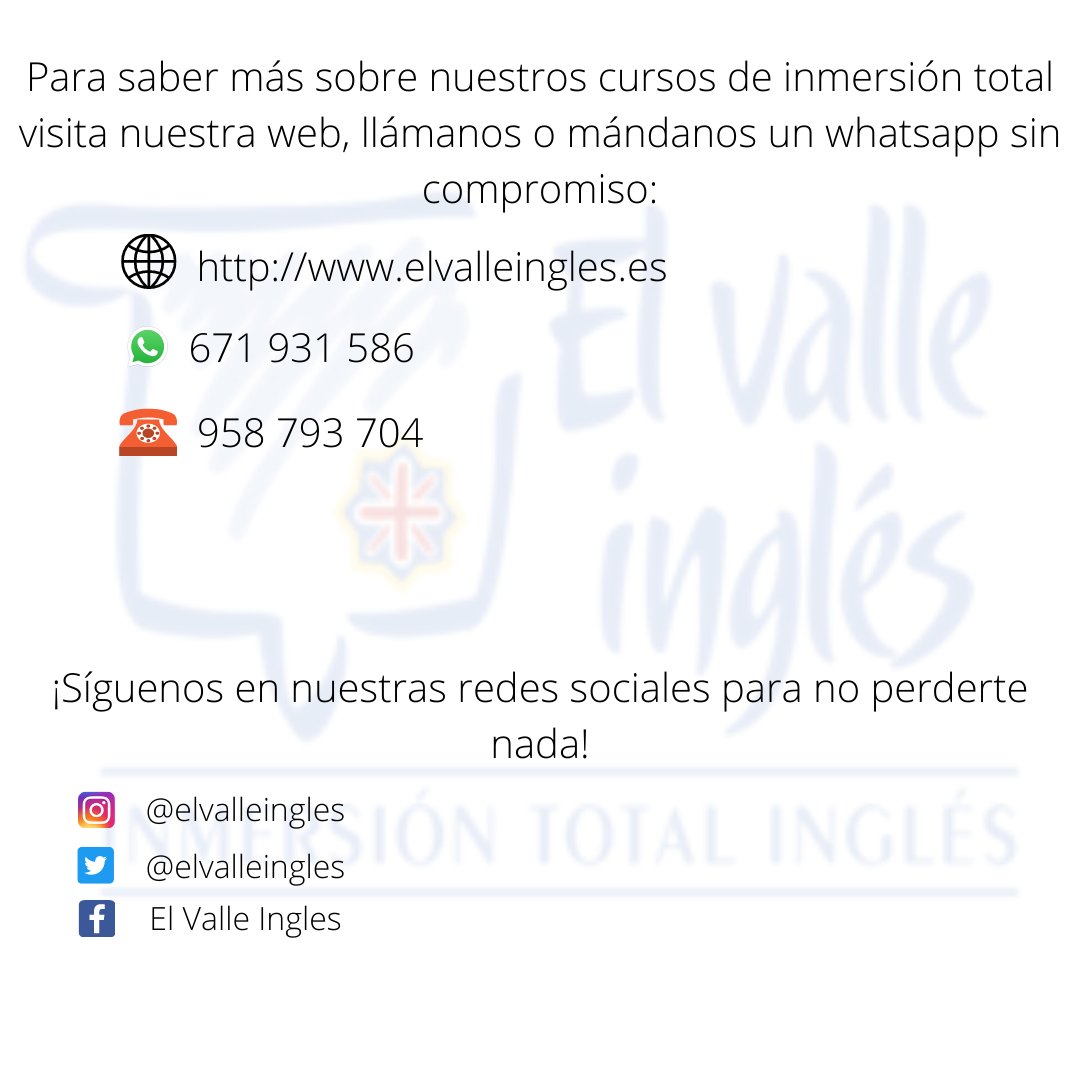 elvalleingles's tweet photo. ¿Necesitas mejorar tu inglés? ¿Quieres sacarte un certificado de idiomas o mejorar el que ya tienes? ¡Prueba nuestros cursos inmersivos de inglés!
Visita nuestra web: https://t.co/16CWoyosaV 
O contacta con nosotros por teléfono:
671 931 586
958 793 704 https://t.co/hBM5LTkxf0