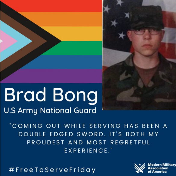TheRainBowNavy2's tweet photo. Modern Military Association of America 
https://t.co/kmFvSa5QOn 
Time for another #FreeToServeFriday; We're shining the spotlight on Brad Bong, a #NationalGuard #Veteran who was discharged #DADT as an E-3 with less than 2 yrs time in .... 
#LGBTQ #LGBTQNationHeroes #RestoreHonor https://t.co/ibzqy0K83C