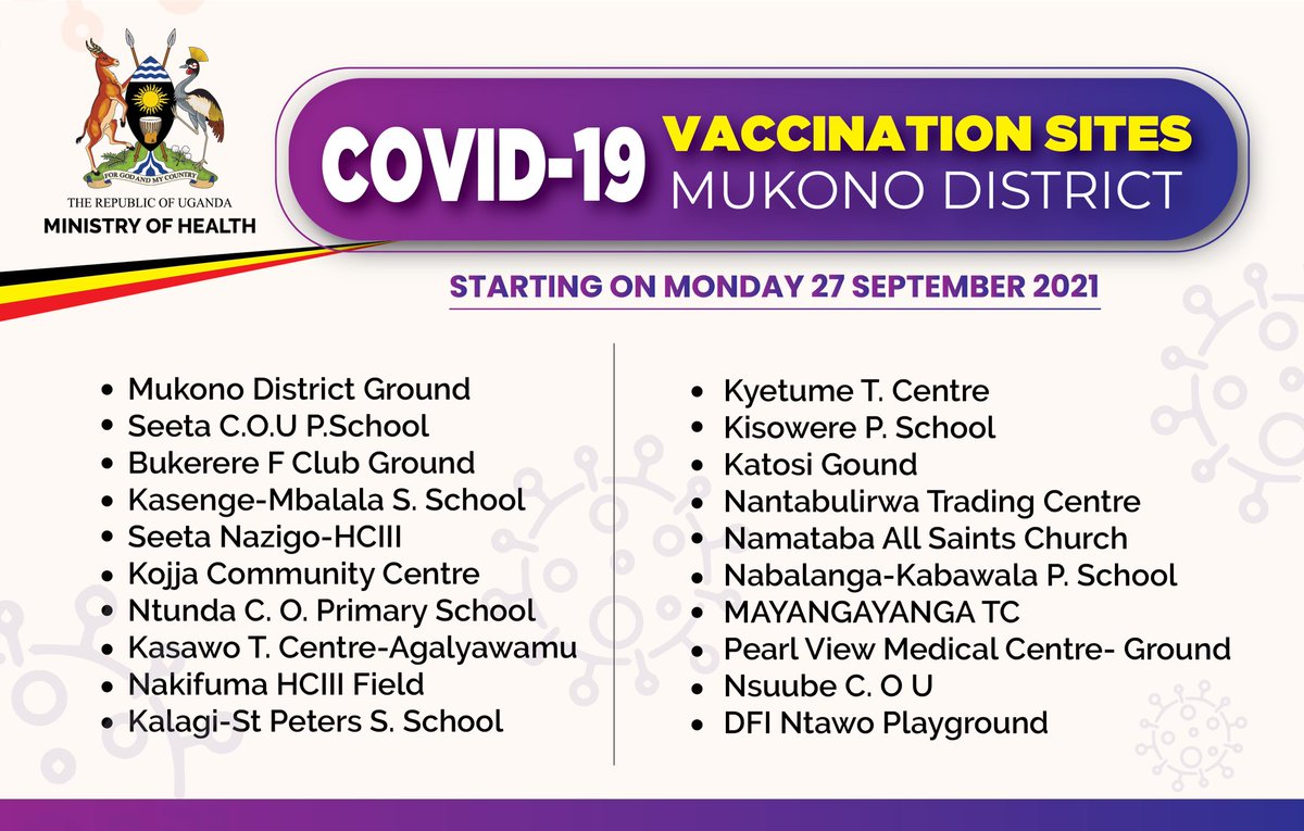 The COVID-19 vaccination exercise will take place at the listed sites starting today.The campaign will be rolled out using Pfizer and AstraZeneca vaccines. Pfizer will be administered to those who have not received any vaccine while AZ will be given to those due for 2nd dose
