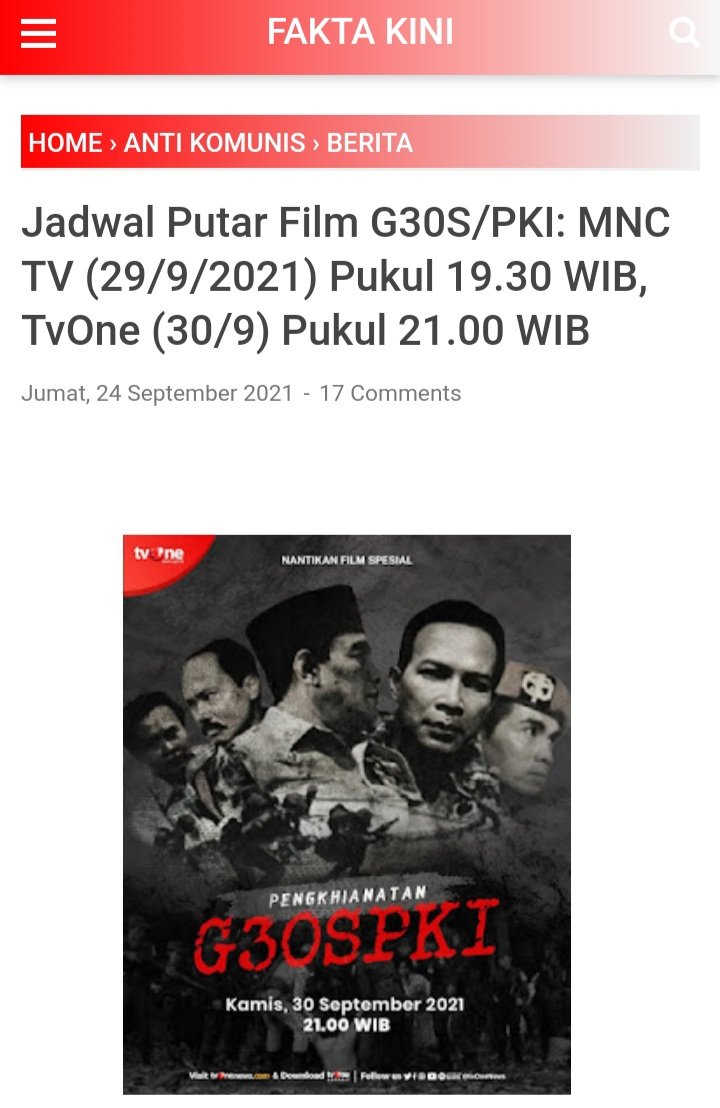 KRMTRoySuryo2's tweet photo. Alhamdulillah, selain tvOne yg konsisten memutarnya, kini MNCtv juga dikabarkan akan menayangkan Film Pengkhianatan G30S/PKI.
Catat jadwalnya &amp; Sekalilagi meski mungkin tdk Utuh 4jam++ spt yg Asli saya posting, 2 TV ini layak diapresiasi.
Bagaimana TVRI ? Juga TV TV lain ?
AMBYAR https://t.co/x5VcGbHfkO