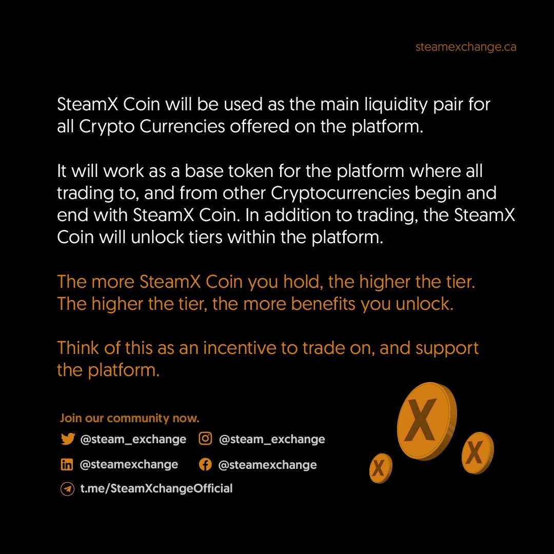 Our Stage 3 Developmental Roadmap is Underway! 

The SteamX Native Coin will be based on our own Proprietary Blockchain. 

TG📲 t.me/SteamXchangeOf…

#SteamExchange
#BTC #Bitcoin #SOL #ETH #NFT #crypto #BinanceSmartChain     #binance #BNB #BSC #XRP #SAFEMOON #SAFEMOONARMY #ADA