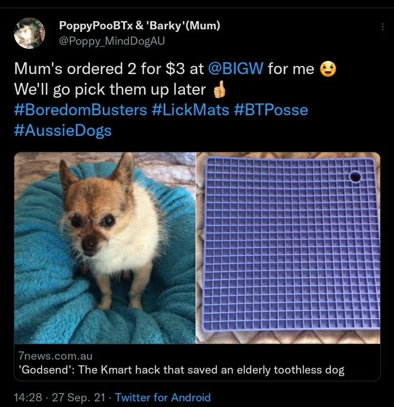 Poppy_MindDogAU's tweet photo. Ooo...my 'hack' licki-mat is ready to pick up ๐
Wonder what colours they picked ?
You'll see later ๐
#LifeHacks 4 #AussieDogs @ #BigW & #Kmart ๐
#LickMat ๐
๐
#BoredomBusters #TreatTime #BTposse https://t.co/GZN3ItXFPR