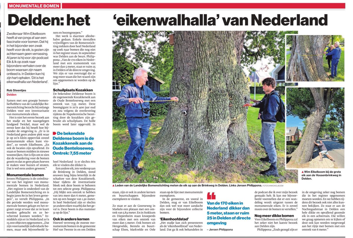 Monumentale bomen-kenners en <a href="/boomeik/">Wim Eikelboom</a> gingen op eiken-missie in Twentse Delden. Regionale krant Tubantia maakt er een verhaal over: Delden is eikenwalhalla van Nederland.