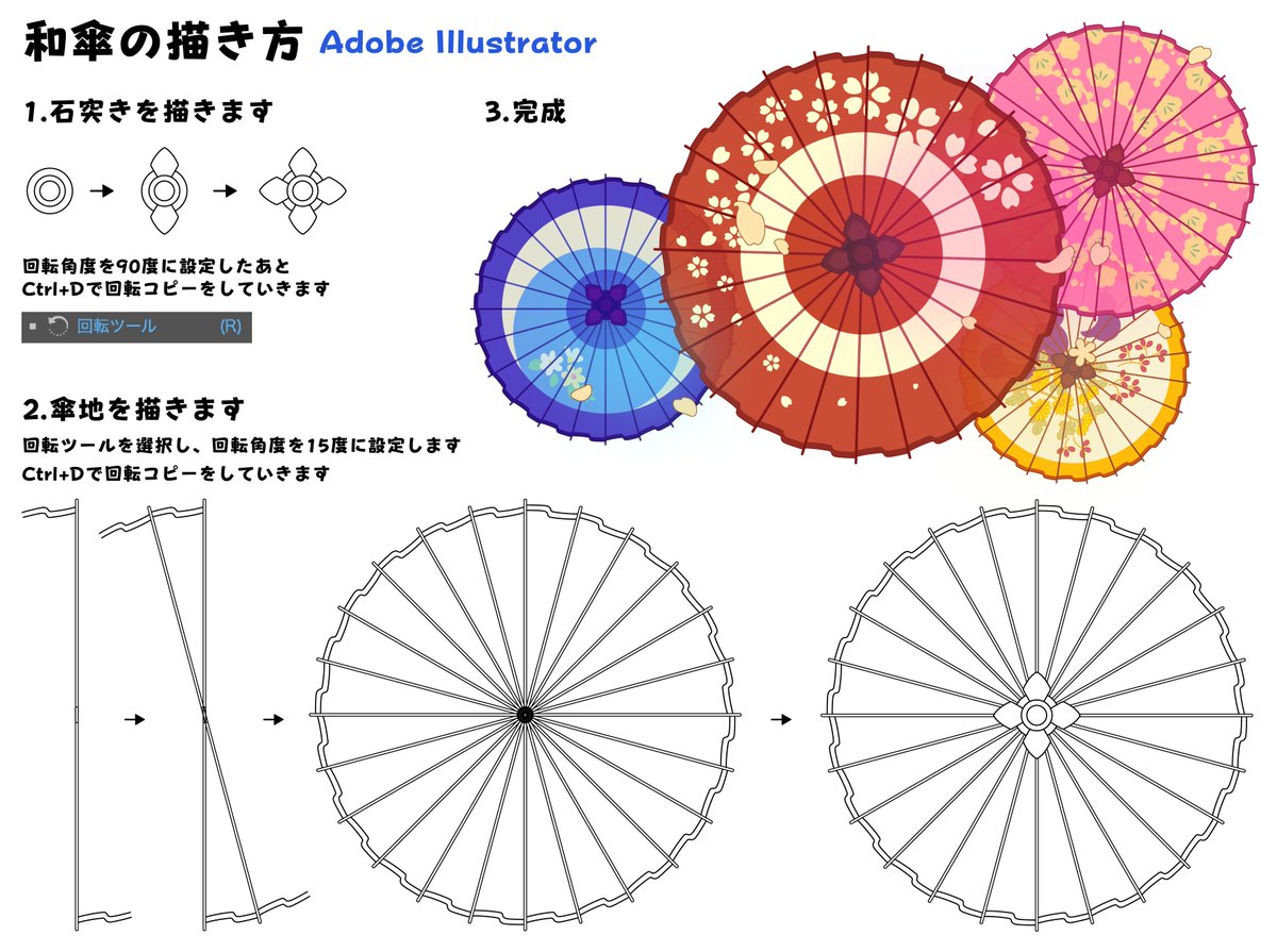 紅豆井 Adobe Illustrator 和傘 花火 菊の描き方 フリー素材 絵描きさんと繋がりたい イラスト好きな人と繋がりたい イラスト