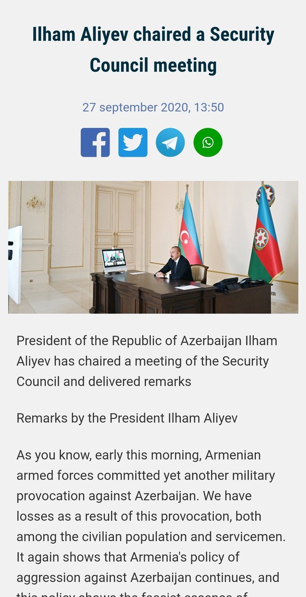 HikmetHajiyev's tweet photo. 27 September 2020, President Ilham Aliyev convened and chaired extraordinary meeting of the Security Council in response to Armenia's large-scale attacks on Azerbaijani civilians and militaries.

Patriotic War of Azerbaijani People started. #27SeptemberMemorialDay https://t.co/nqsEYRPzFH