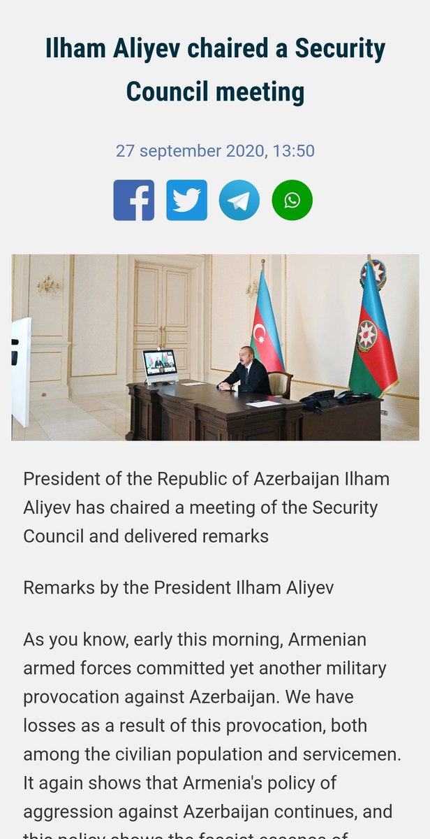 27 September 2020, President Ilham Aliyev convened and chaired extraordinary meeting of the Security Council in response to Armenia's large-scale attacks on Azerbaijani civilians and militaries. Patriotic War of Azerbaijani People started. #27SeptemberMemorialDay