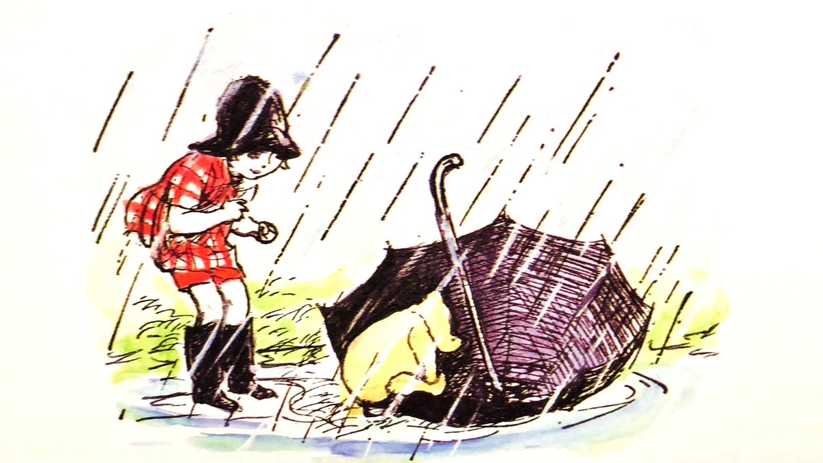 Christopher Robin opened his umbrella and put it in the water. It floated but wobbled. Pooh got in and, after a short drink, which he didn’t really want, he waded back to Christopher Robin. Then they both got in together, and it wobbled no longer. ~A.A.Milne #MondayMotivation