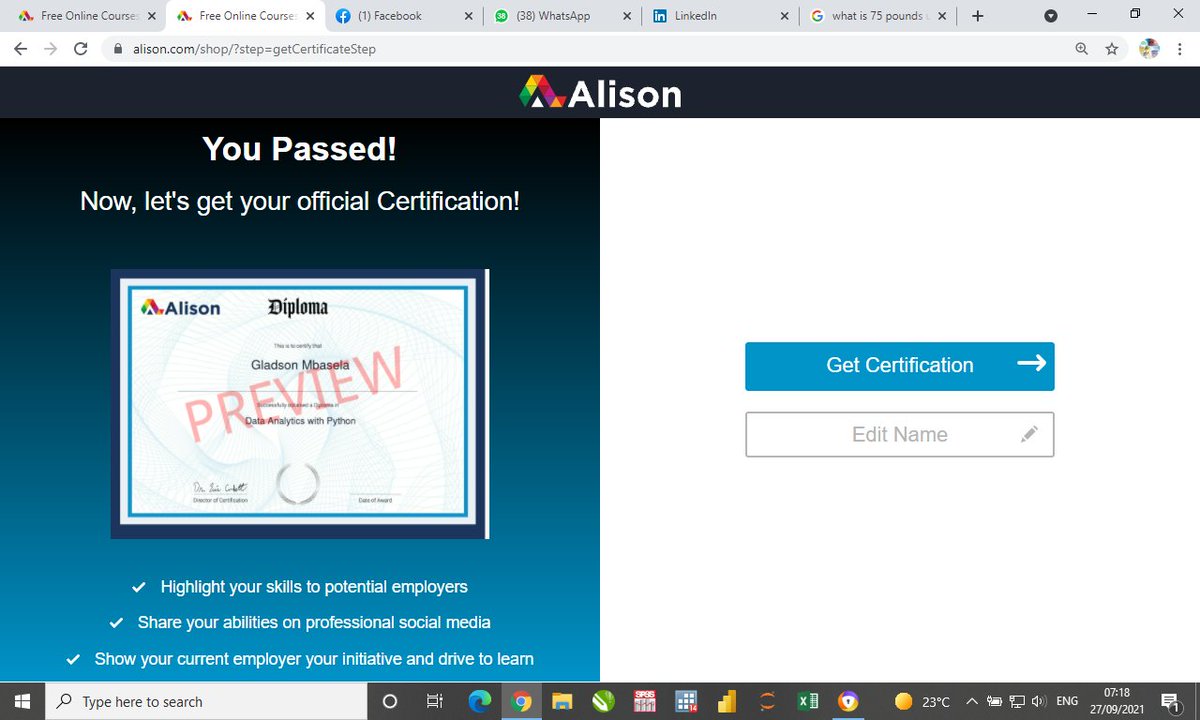 2021Gladson's tweet photo. Just completed my diploma in Data Analytics with Python. One step at a time. https://t.co/shcalNAyxb