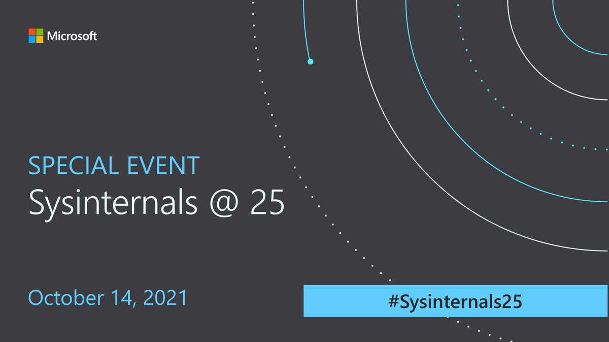 WindowsAtWork's tweet photo. 📢Be the first to RSVP for #Sysinternals25! 

October 14th, at 8am PT, @markrussinovich kicks off a day of demos and deep dives to celebrate 25 years of #Sysinternals! Special prizes, expert tips, you don't want to miss this! 🖱️🎉https://t.co/1ByaMLlO0D 

#TechEvent #Windows https://t.co/0Awcu4rbS4