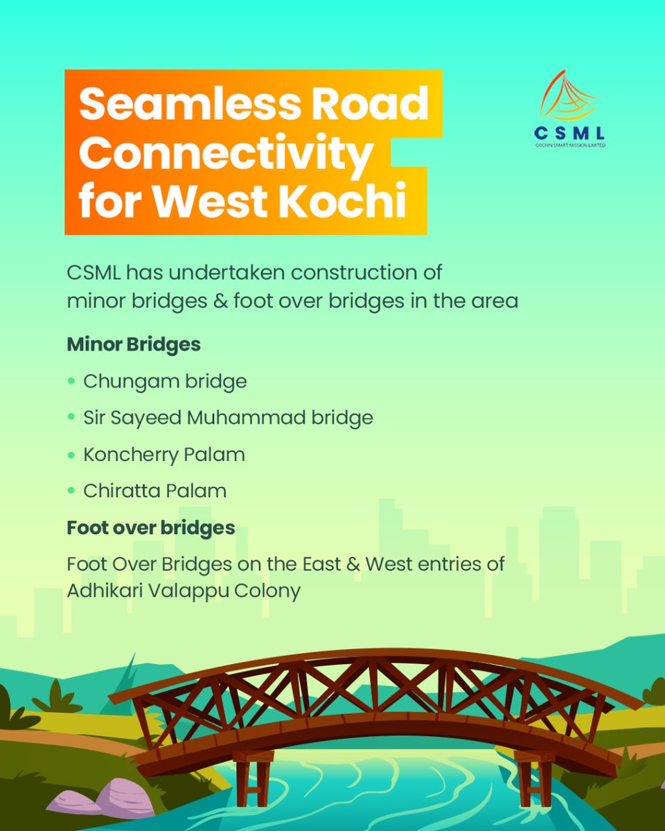 CSML__'s tweet image. West Kochi's road infrastructure is getting a facelift with #CSML reconstructing minor bridges and foot over bridges. Once completed, they facilitate hassle-free movement of people and vehicles in the area. 
#smartcity 
@SmartCities_HUA  @MoHUA_India @iprdkerala