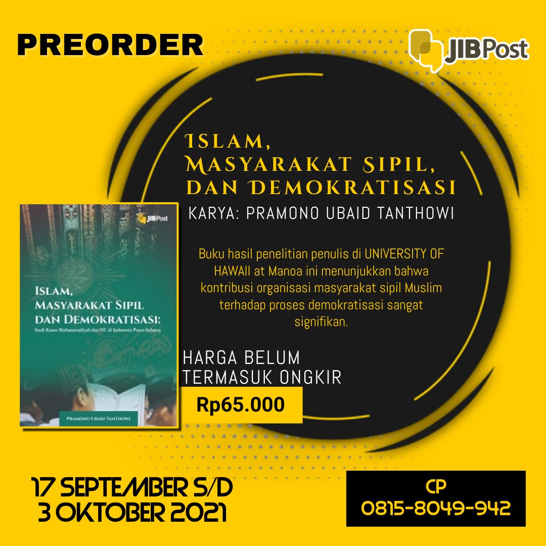 "Sy kira ini bacaan bagus bagi para peneliti dan aktivis" Islam, Masyarakat Sipil, dan Demokratisasi: Studi Kasus <a href="/muhammadiyah/">Muhammadiyah</a> dan <a href="/nahdlatululama/">Nahdlatul Ulama</a> di Indonesia Pasca-Suharto, karya: <a href="/PramonoUtan/">Pramono U. Tanthowi</a>
𝐇𝐚𝐫𝐠𝐚: 𝐑𝐩𝟔5.𝟎𝟎𝟎⁣* belum termasuk ongkir
Kontak: wa.me/628158049942