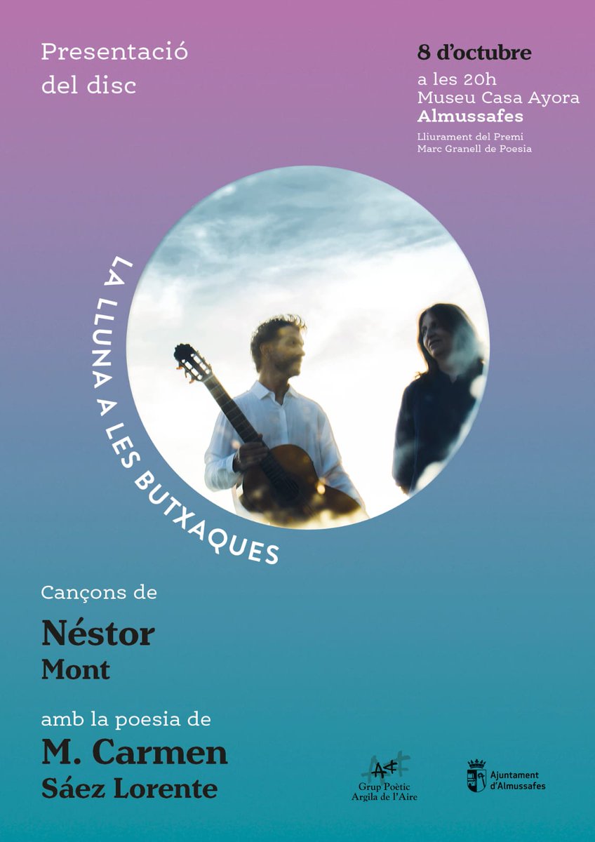 El 8 d'octubre, estaré en Almussafes  compartint-vos el meu últim treball, on he musicat poemes de M.Carmen Sáez. Estaré acompanyat per els músics, Jordi Pastor amb violí, acordió,..., I Aitor Sáez de Jáuregui, percussió.