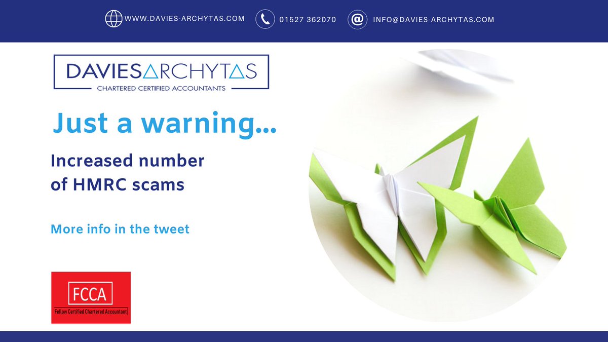 DaviesArchytas's tweet photo. A word of warning about scams

HMRC have made us aware of recent increases in scam phone calls, emails and texts. 

Search GOV‌‌.UK for the HMRC 'scams checklist' and to find out how to report tax scams - https://t.co/CSwKlgbmFw

#taxscam #accounts #accountancy https://t.co/gdVPpehXxL