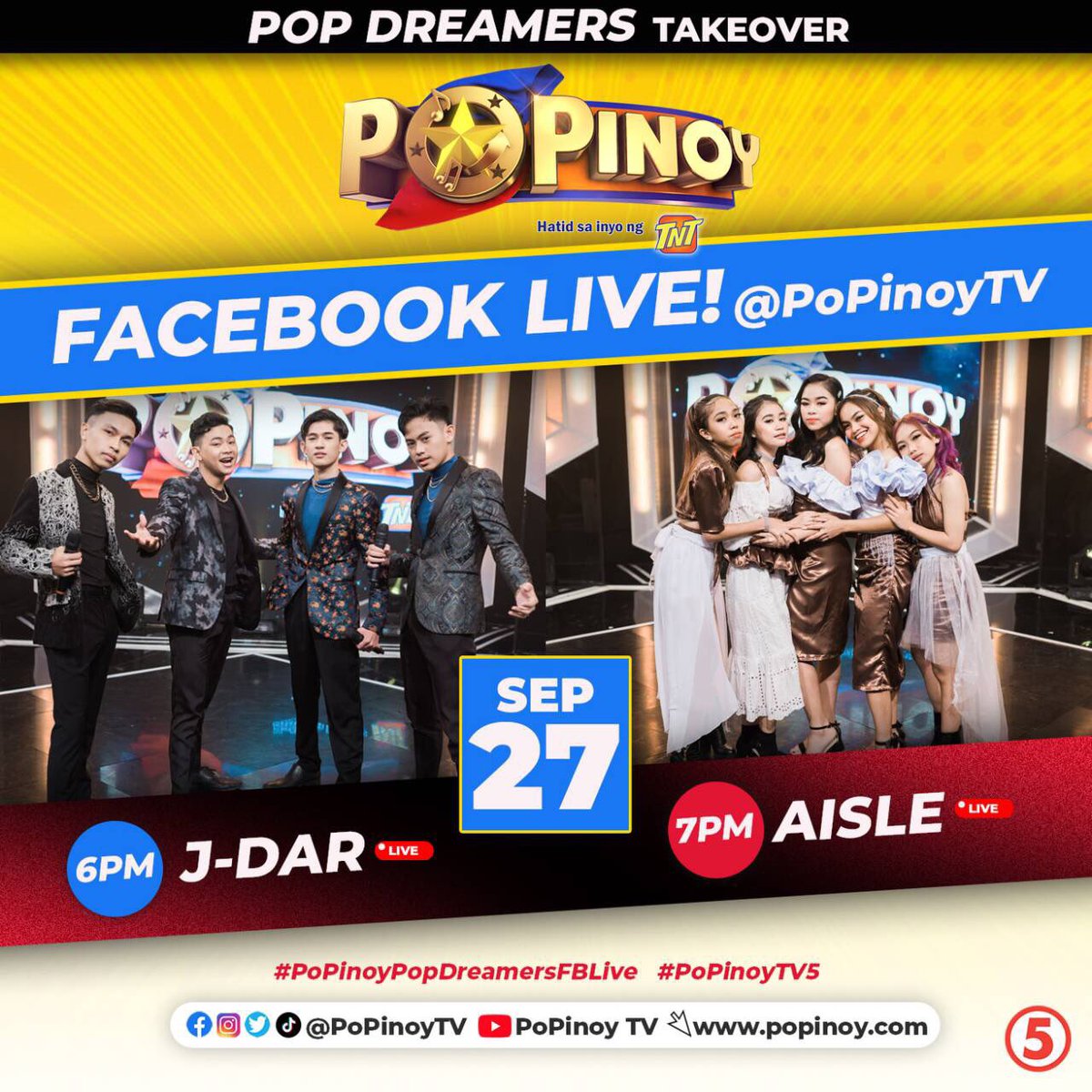 📣 Pop Squad! Dahil love niyo ang pa-FB Live namin, meron na namang Facebook Live with the Pop Dreamers tonight! ❤️ Samahan ang <a href="/jdar_official/">J-DAR</a> @ 6PM and <a href="/InbetweenAisle/">inbetween.aisle</a> @ 7PM sa aming FB page. YASSSSS! 

#PoPinoyPopDreamersFBLive #PoPinoyTV #JDAR #Aisle