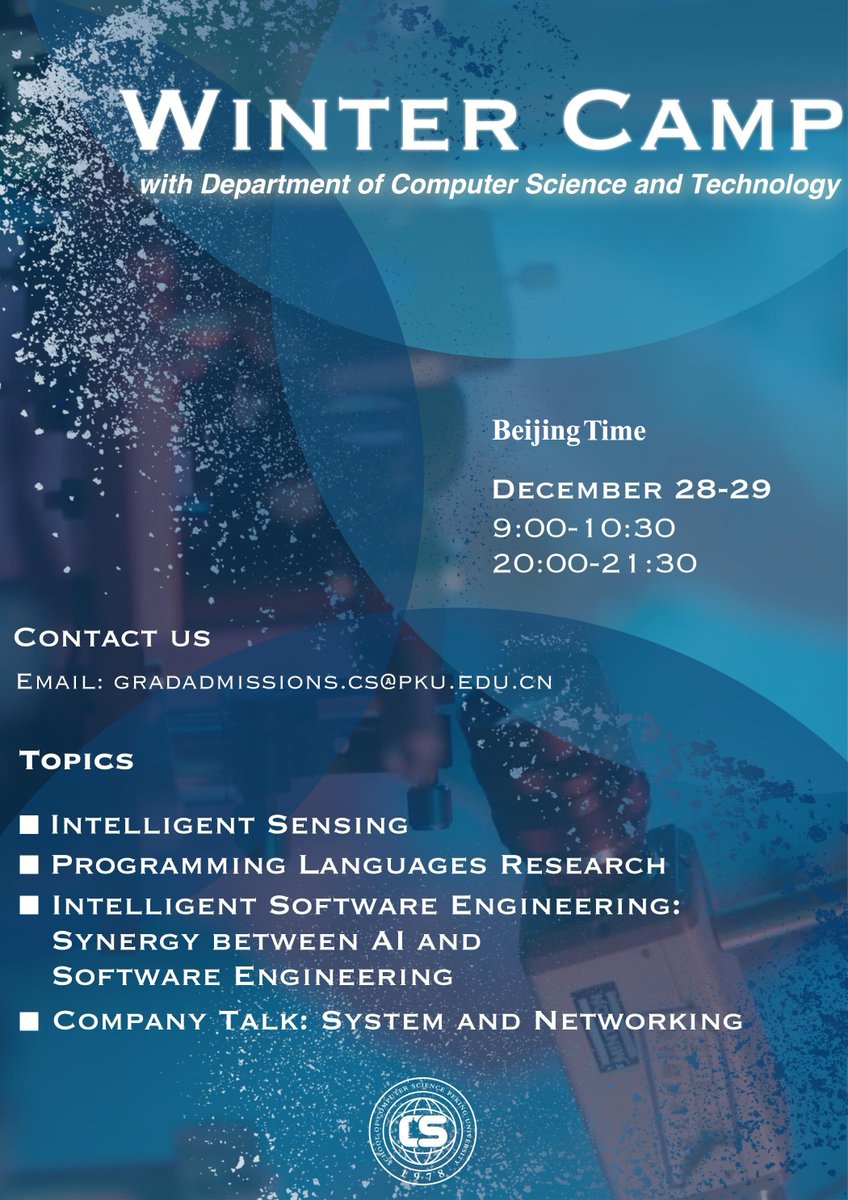 Winter Camp for International Students

1. Understand the cutting-edge research of Department of Computer Science and Technology;

2. Understand the development of technology industry in China

December 28-29    
09:00-10:30 
20:00-21:30  

For details:
cs.pku.edu.cn/info/1383/3132…