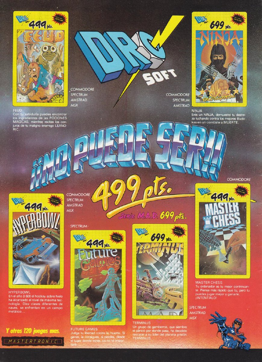 TakodanTweets's tweet photo. 1987 Spanish advert by #DroSoft and some of the #Mastertronic games they distribute on #Commodore #Sinclair #Amstrad and #MSX https://t.co/l5xEBiqD2W