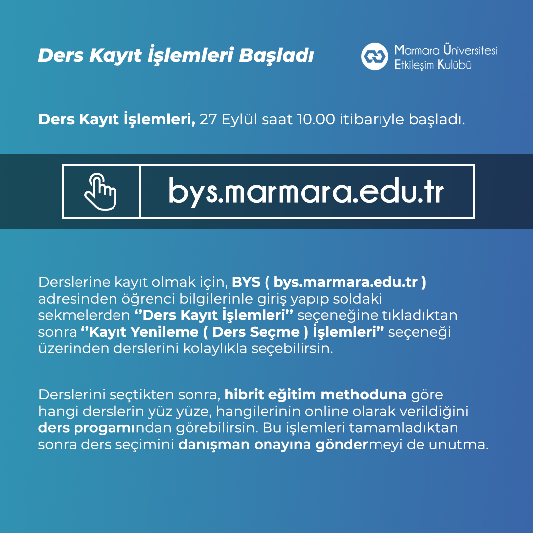 Marmara Üniversitesi’nde ders seçim dönemi başladı!

Derslerini nasıl seçeceğin konusundaki tüm bilgiler görselimizde!

#marmarauniversitesi #marmaraetkilesim