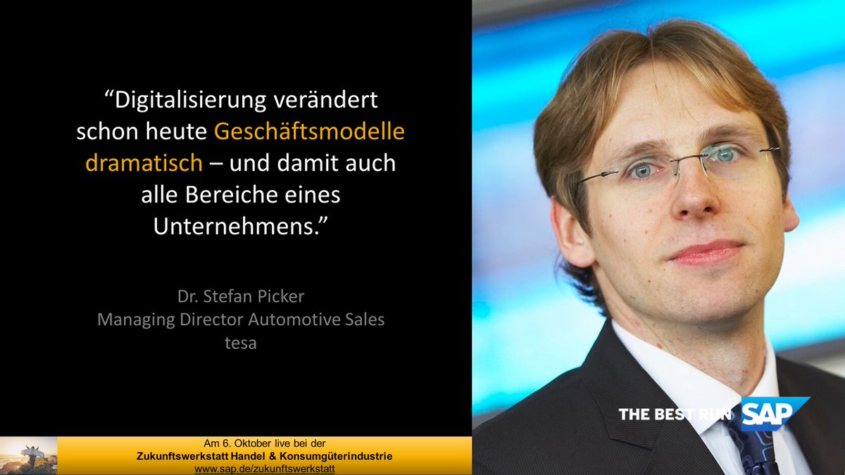 Zukunftswerkstatt - noch 9 Tage 
Mit Dr. Stefan Picker, Managing Director bei tesa, diskutieren wir, wie #Digitalisierung auf die #Unternehmensorganisation wirkt. Anmeldung hier: url.sap/b9jn0e.

<a href="/IFHKoeln/">IFH KÖLN</a> <a href="/ITOnlinemagazin/">IT-Onlinemagazin</a> <a href="/SAP_Retail/">SAP Retail</a> <a href="/SAPConsumer/">SAP Consumer Products</a> @SAP_andreas