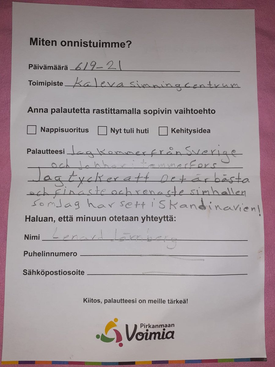 PirkanmaaVoimia's tweet photo. Upeaa palautetta Tampereen uintikeskuksen siivouksesta😊💦 Halli on "paras, hienoin ja puhtain uimahalli koko Skandinaviassa"👏#Tampere #uimahalli #puhtauspalvelu #uintikeskus #siivous @treliikunta https://t.co/ki3eUiDEIm
