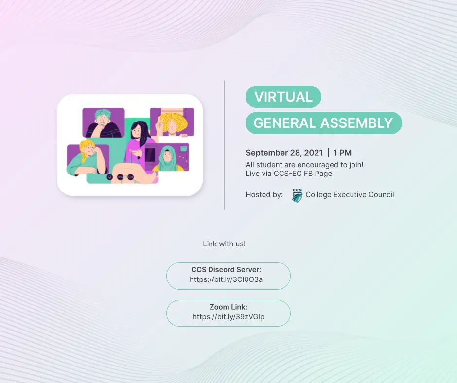 ccs_wolves's tweet photo. ATTENTION WOLVES! 🐺

We are thrilled to invite everyone to join our Virtual General Assembly tomorrow, September 28, 2021, 1 PM, live via our CCS Executive Council Page. ✨

See you! ✨

#CCSVirtualGeneralAssembly https://t.co/aNaAKU1qai