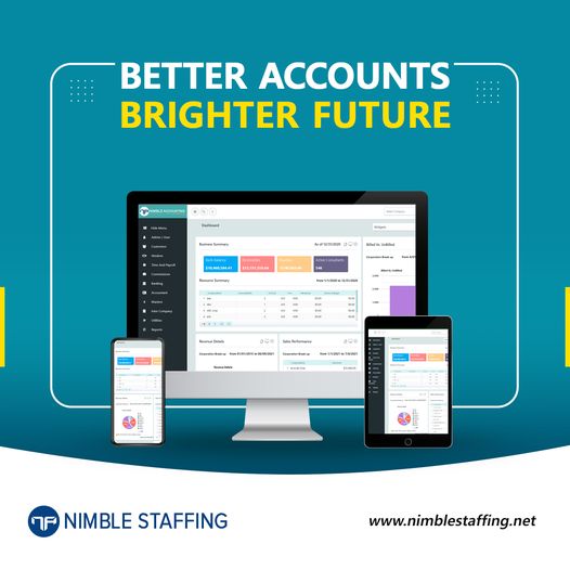 Did you know that 28% of staffing businesses fail due to keeping poor accounting records?
Nimble Staffing not only lets you manage your accounts seamlessly, but also displays your key financial metrics – On a Centralized Dashboard. Contact us to know more,nimblestaffing.net