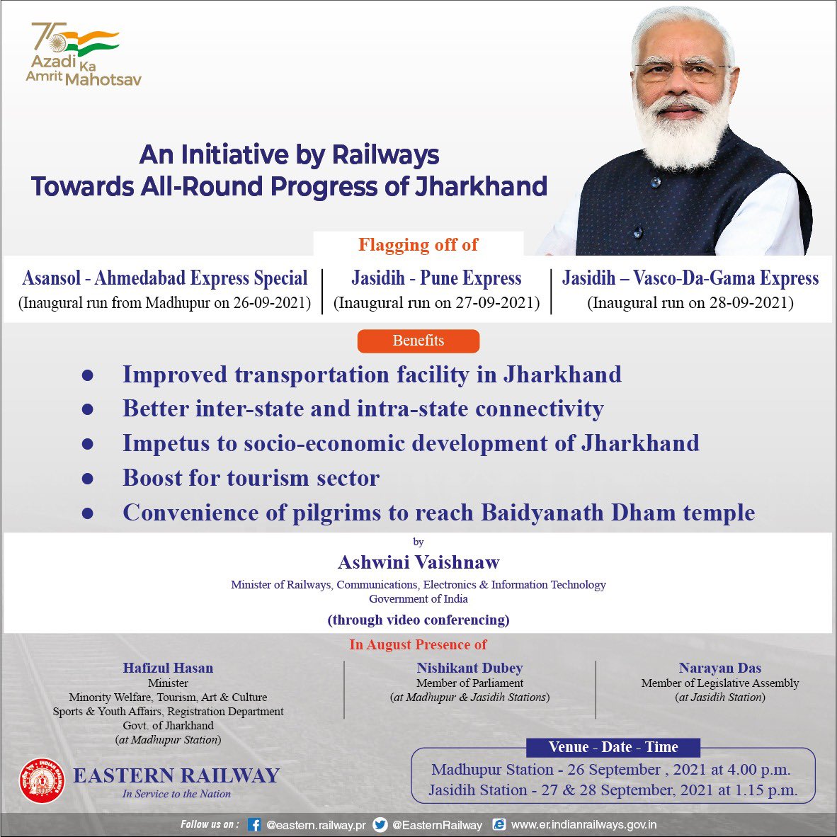 RailMinIndia's tweet photo. An Initiative by Railways towards All-Round-Progress of Jharkhand:

Shri Ashwini Vaishnaw, Hon'ble MR to flag off Jasidih-Pune Spl Express. through VC today at 1.15 PM.

Watch Live:

https://t.co/gtNF2Cm92E https://t.co/rCdbNAMh3m