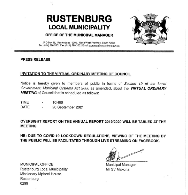 MunicipalNotice's tweet photo. Invitation to virtual council meeting at Rustenburg Local Municipality on 28 Sept 2021
https://t.co/KazxYG0Fmj
#RustenburgNotice #MeetingNotice https://t.co/hIukiFoqW4