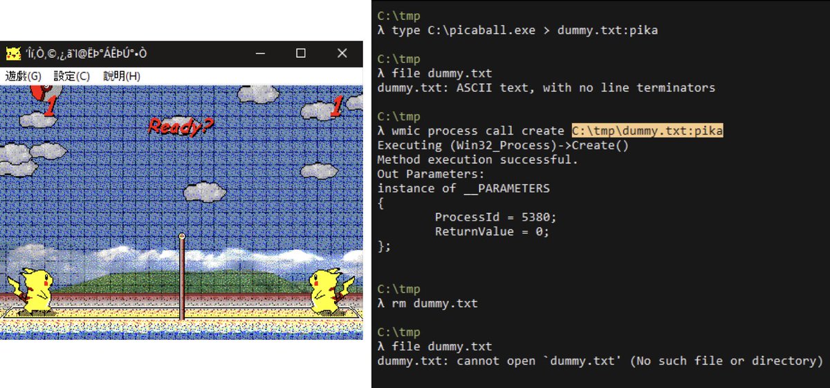 aaaddress1's tweet photo. write an EXE into any file's NTFS stream, and run it as a process. We can delete the file, even the process is still running :)

it's cool how Windows manage file locks https://t.co/175lfl2shu
