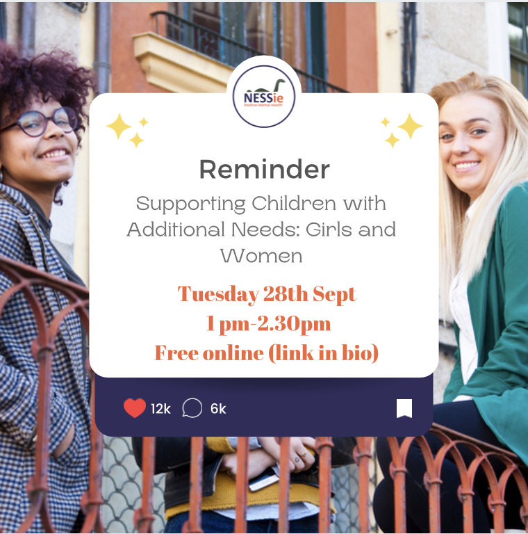 NESSieinEd's tweet photo. Donβt forget. Tomorrow- Tues 28th Sept
1pm-2.30pm
Girls and Women β Supporting Children with Additional Needs
#asd #ad #supportinggirls #women #ld #supportingparents #youngpeople #nessieined https://t.co/myZ4qvZntQ