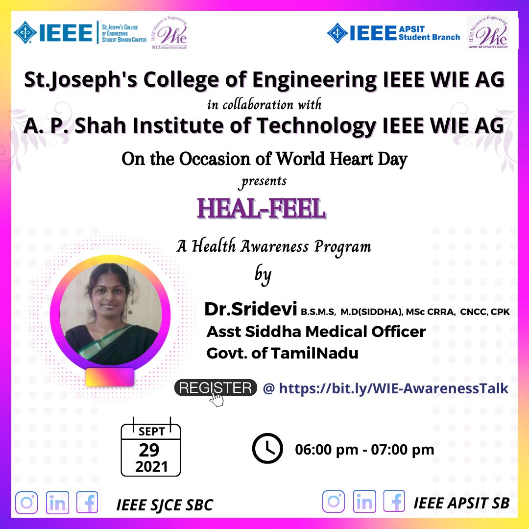 ieeeapsit's tweet photo. IEEE WIE AG SJCE in collaboration with IEEE WIE AG APSIT, present to you, HEAL - FEEL , a health awareness program on the occasion of World Heart Day #WorldHeartDay #fitnessmodel
All the Participants will get an IEEE CERTIFICATE #health 
Registration link:https://t.co/YYLCBmTCjQ https://t.co/pEoWJ6QH5C