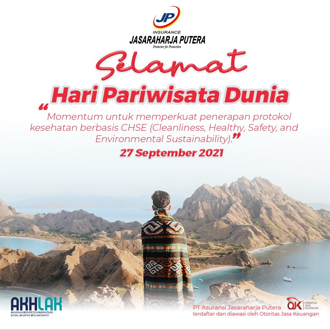 jrp_insurance's tweet photo. Mari jadikan peringatan hari pariwisata dunia sebagai momentum penerapan protokol kesehatan berbasis CHSE (Cleanliness, Healthy, Safety, and Environmental Sustainability).
#ProtectorforProtection
#HariPariwisataDunia
#WorldTourismDay https://t.co/UpUzsFHEi2
