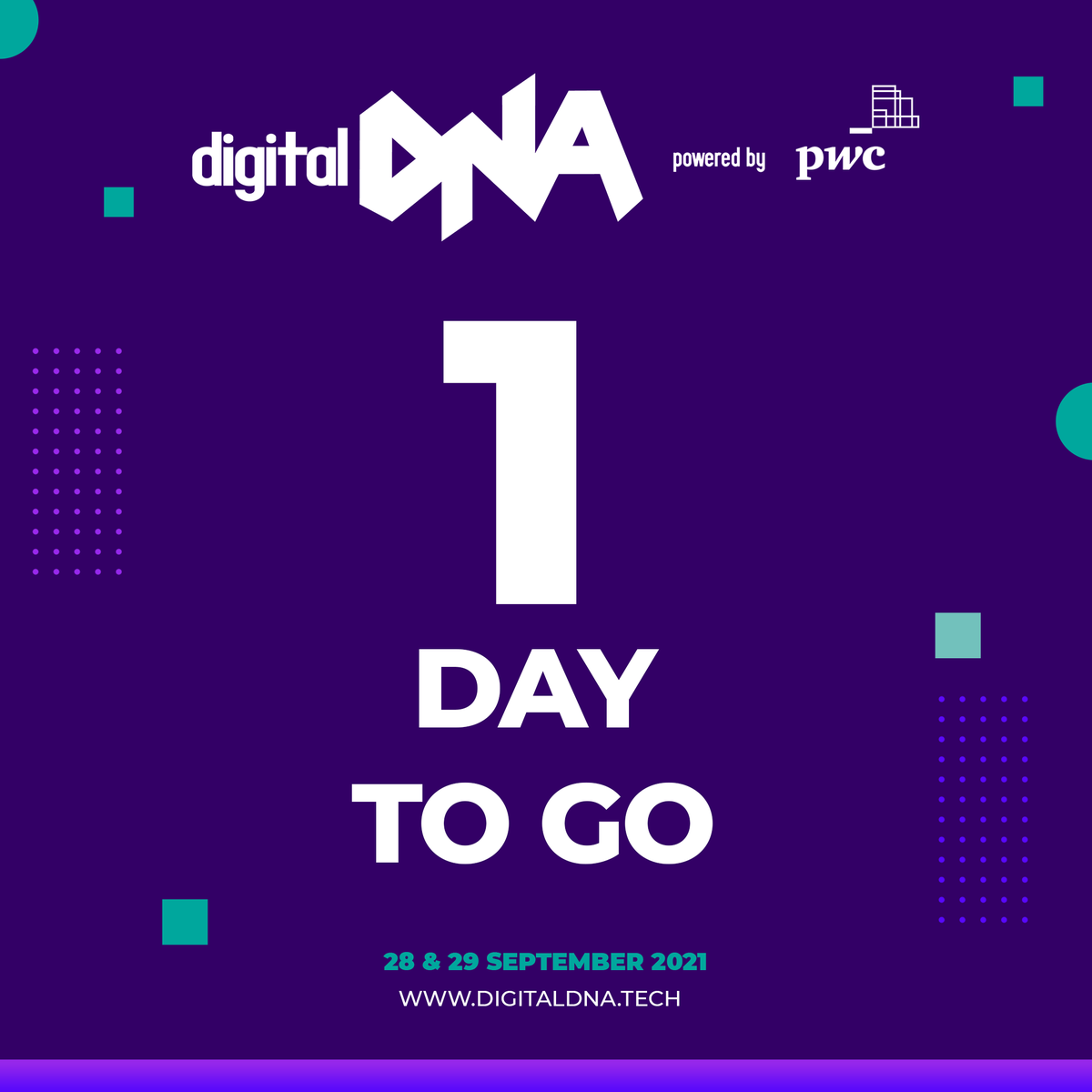 DigitalDNAHQ's tweet photo. Only 1 DAY TO GO until #DigitalDNA 2021🎉
Can’t make it in person? Don’t worry, you can register to watch our main stage talks and sessions live. PLUS, you'll get access to all of the talks on-demand, post-event.
🎟️ REGISTER > https://t.co/R9ICtCqbt2
@PwC_NI https://t.co/Hg918RZNGB