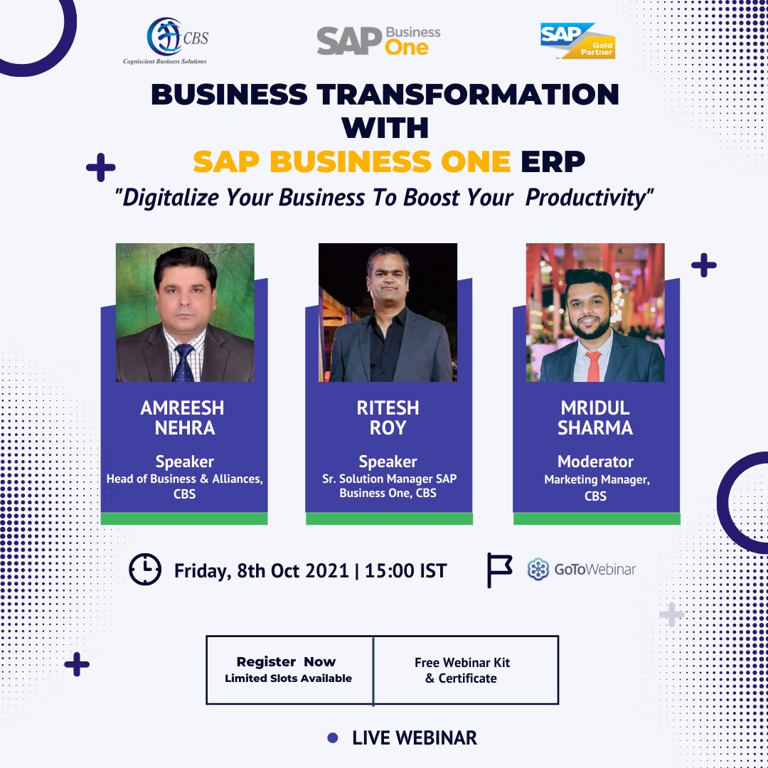 Cogniscient2007's tweet photo. Join us in this 𝐅𝐫𝐞𝐞 𝐖𝐞𝐛𝐢𝐧𝐚𝐫 and learn how to Boost Your Business Operations with SAP Business One ERP on 8th October 2021 at 15:00 IST.
𝐑𝐞𝐠𝐢𝐬𝐭𝐞𝐫 𝐍𝐨𝐰: https://t.co/hIvLaa2xmj
#Webinar #SAP #SAPBusinesOne #ERP https://t.co/bzs3oVyaWq