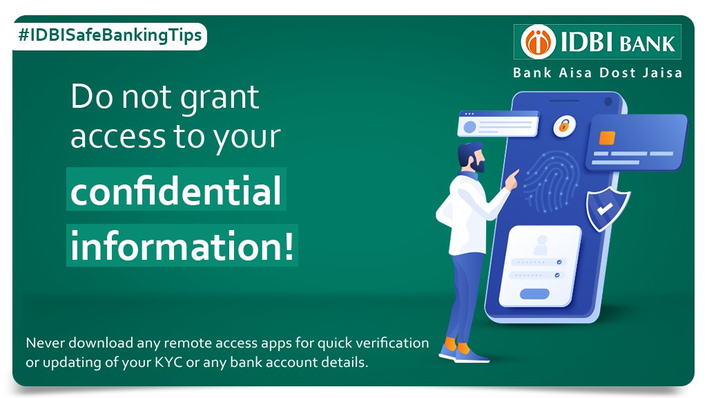 IDBI_Bank's tweet photo. Granting access via any remote access app could compromise your device leading to unrestricted access to your confidential information. Always remember, the Bank or any of its employees would never seek confidential information.#StayAlertBankSafe #IDBISafeBankingTips #SafeBanking https://t.co/glwAKadQG6