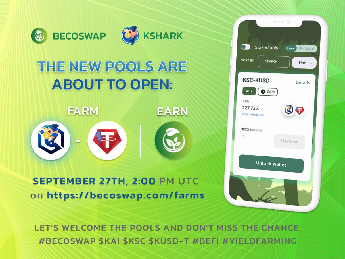 Ladies &amp; gentlemen, the new pools are about to open:

👉 $KSC-KUSD-T earn $BECO: 1X

⏰ September 27th, 2:00 PM UTC on becoswap.com/farms
Let's welcome the pools and don't miss the chance.

#BecoSwap $KAI $KSC $KUSD-T #DeFi #YieldFarming