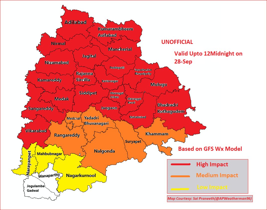 Rajani_Weather's tweet photo. #SevereWxOutlook #12HrWx 
➡️#CycloneGulab will weaken to a depression and travel along N #Telangana 
➡️Heavy/Very heavy rain possible for N #Telangana during next 12 hours
➡️Expected impacts mapped below 👇 https://t.co/A8AU4IBLkJ