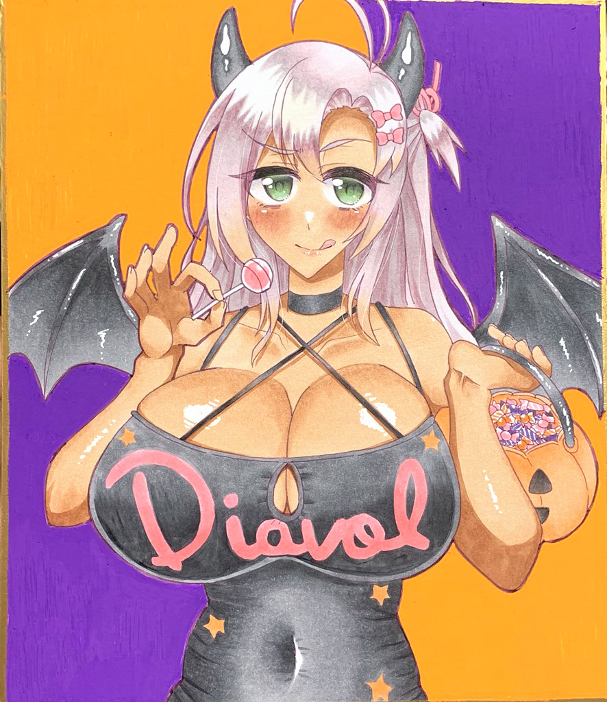 イヌミミさんに脅されて描いた
ハロウィングレカーレちゃんの格好をした日焼け衣笠さん 