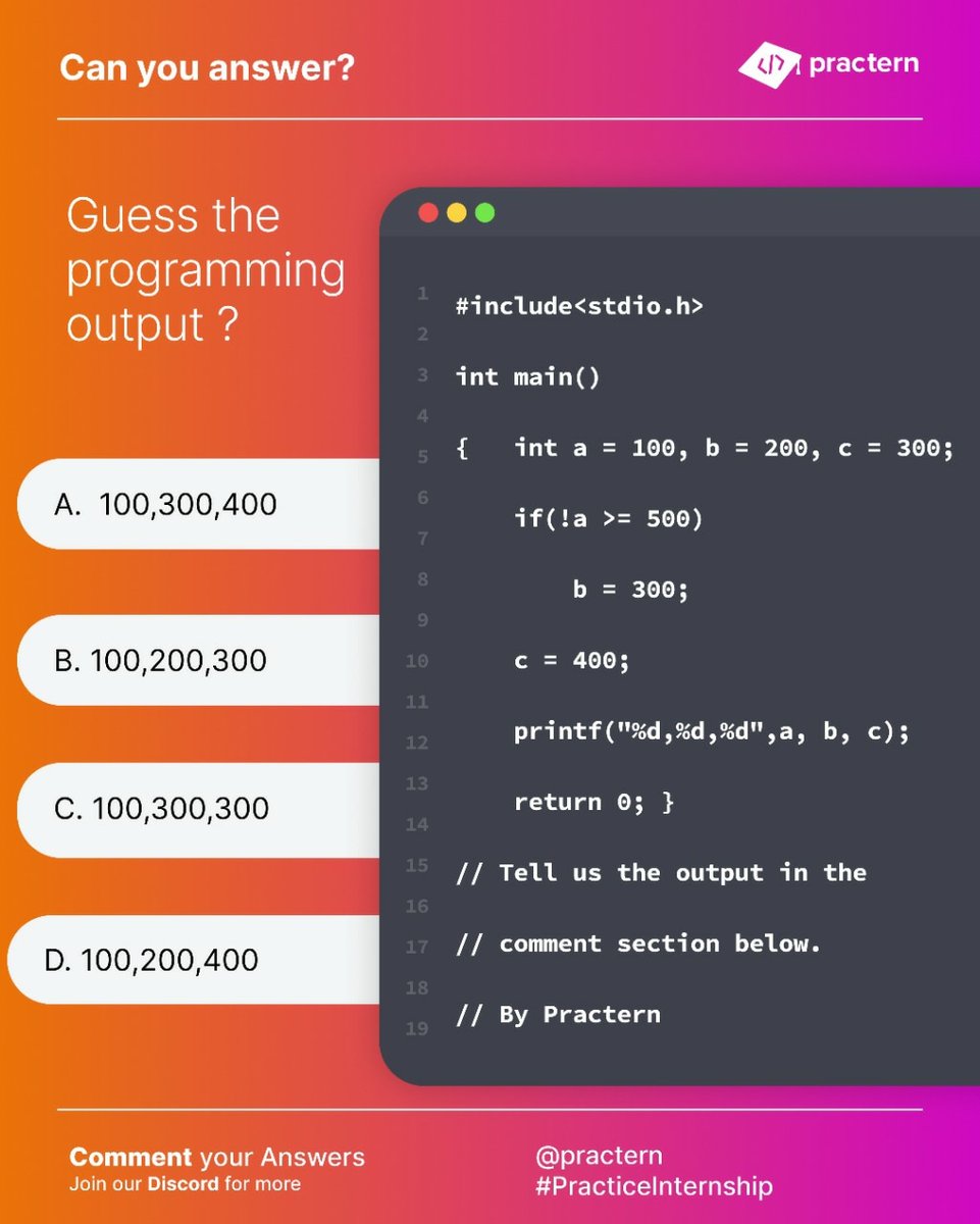 practern's tweet photo. Can you figure out what will be the output of this code ?

Share your answers in the comment box below.

#practern #c #cplusplus #java #javascript #python #coding #codinglife #codingisfun #codingdays #coderlife #programming #developer #developerlife #internship #practernship https://t.co/BS1ZKJSmYR